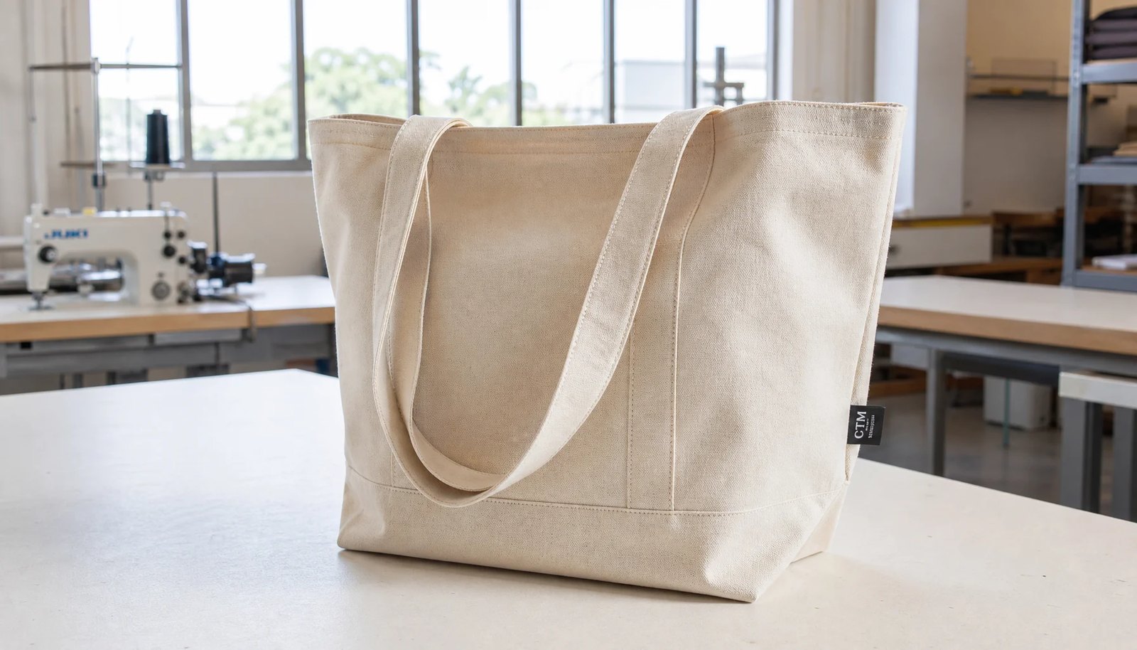 Natural canvas grocery tote with a small CTM / CottonToMaker side label in a clean sample room