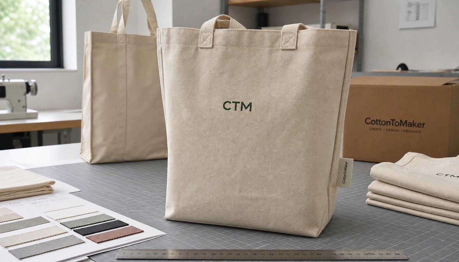 Natural canvas grocery tote sample with CTM logo in a factory sample room