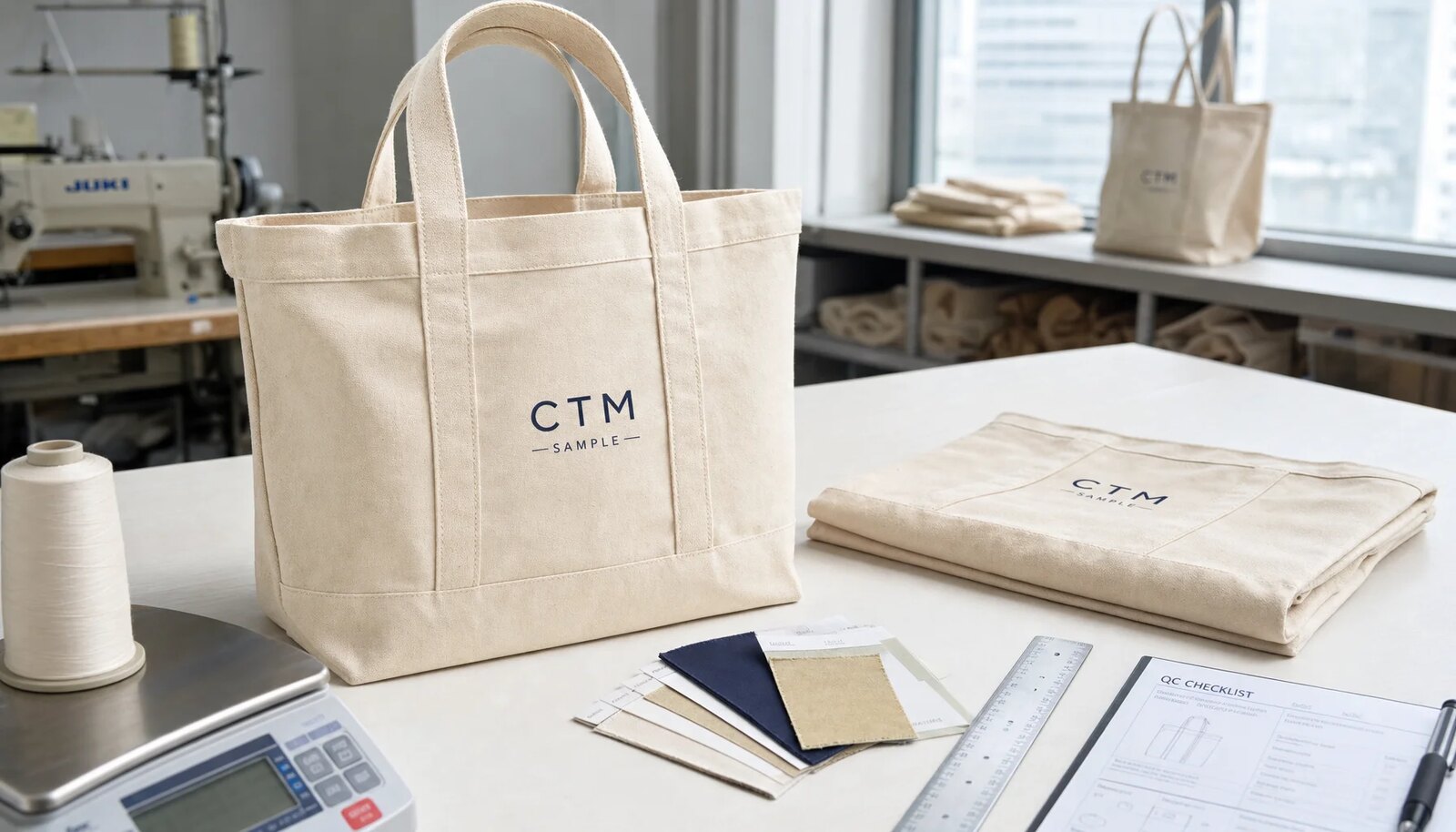 Natural canvas grocery totes with sample logo, ruler, fabric swatches, and QC checklist on a factory sample room table