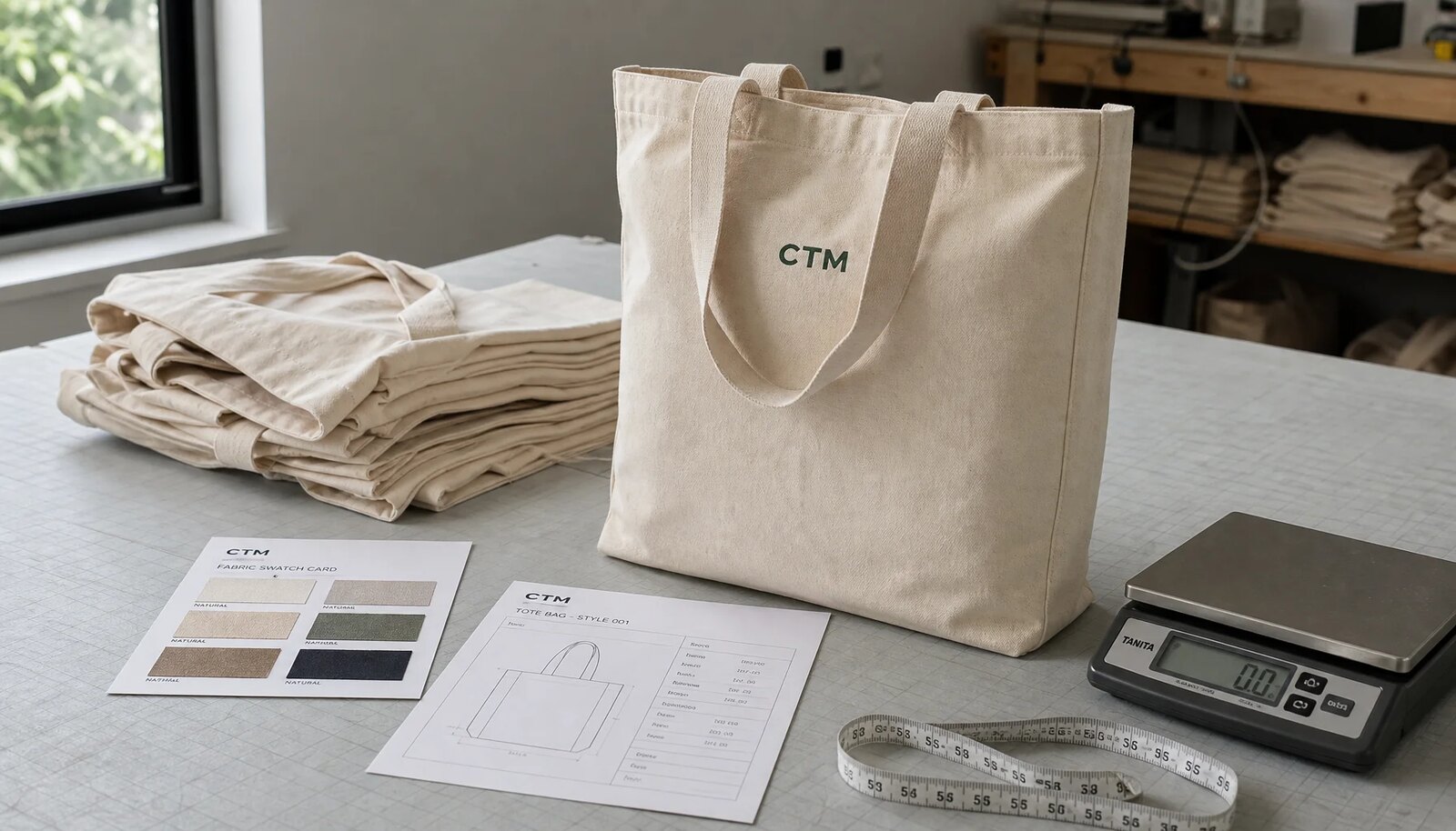Natural canvas grocery tote sample with fabric swatches and measuring tape in a factory sample room