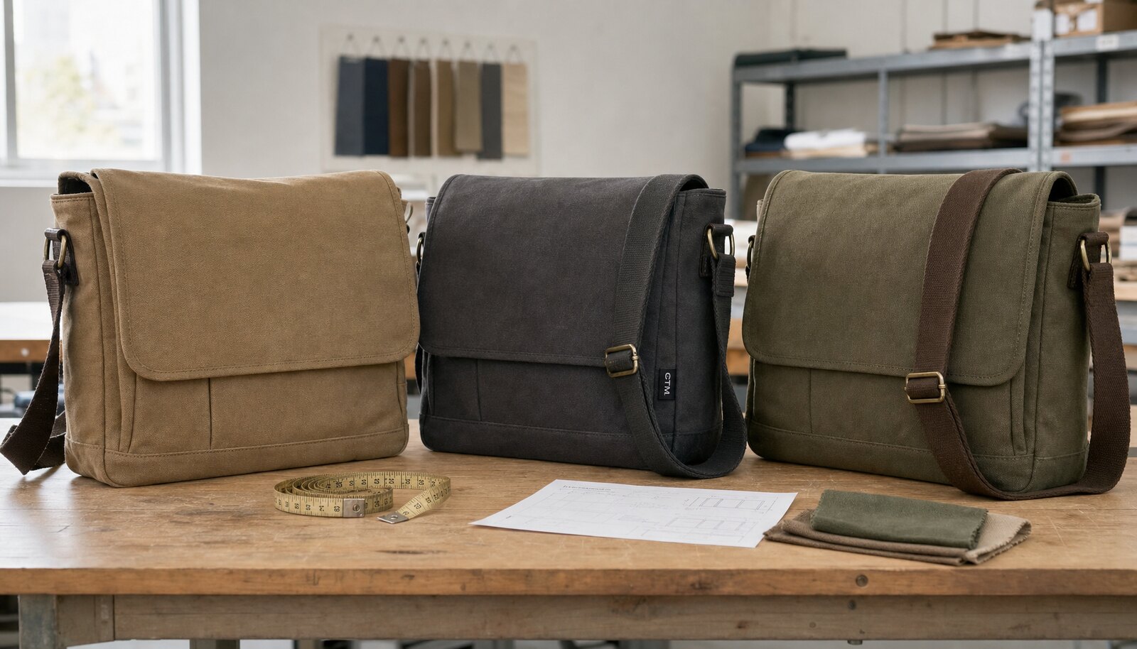Canvas laptop messenger bags with a small CTM sample logo shown in a factory sample room