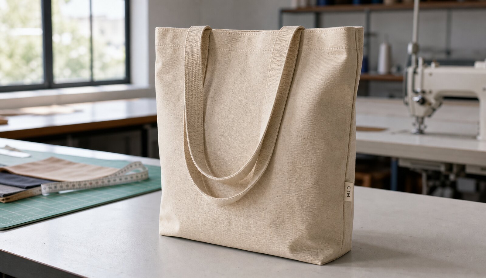 A beige canvas library tote bag with a small sewn CTM sample label in a factory sample room