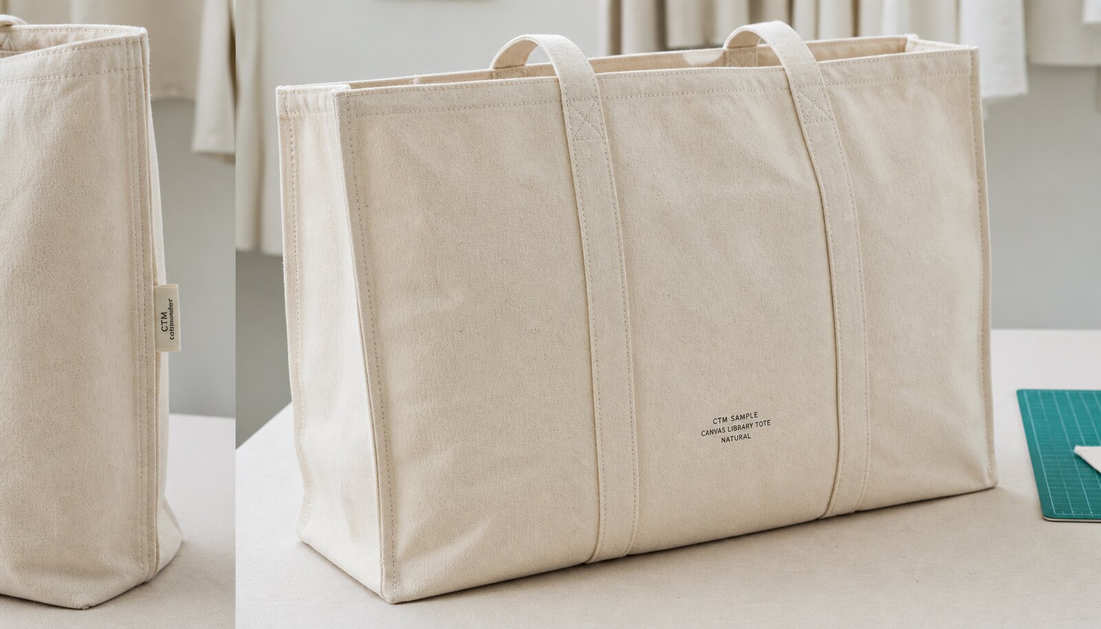 Natural canvas library tote bag sample with a CTM/CottonToMaker label in a clean factory sample room