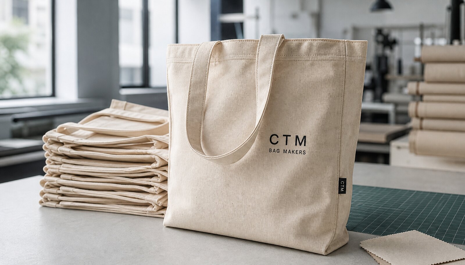 Natural canvas library tote bag with a simple CTM sample logo printed on the front in a factory sample room