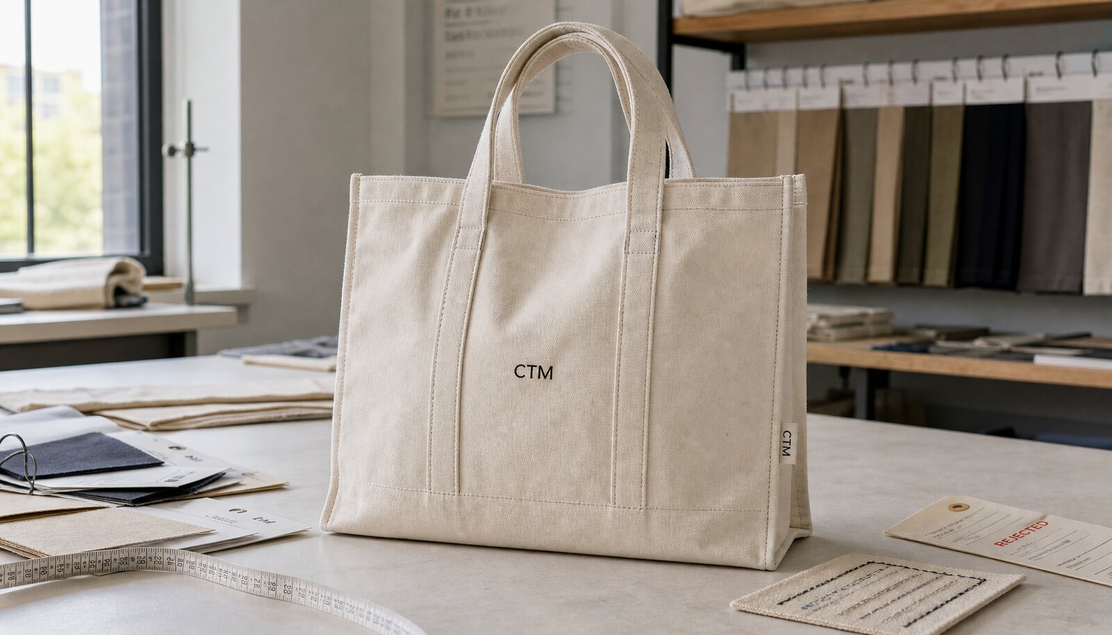 Photorealistic canvas library tote bag with a simple CTM sample logo in a factory sample room.