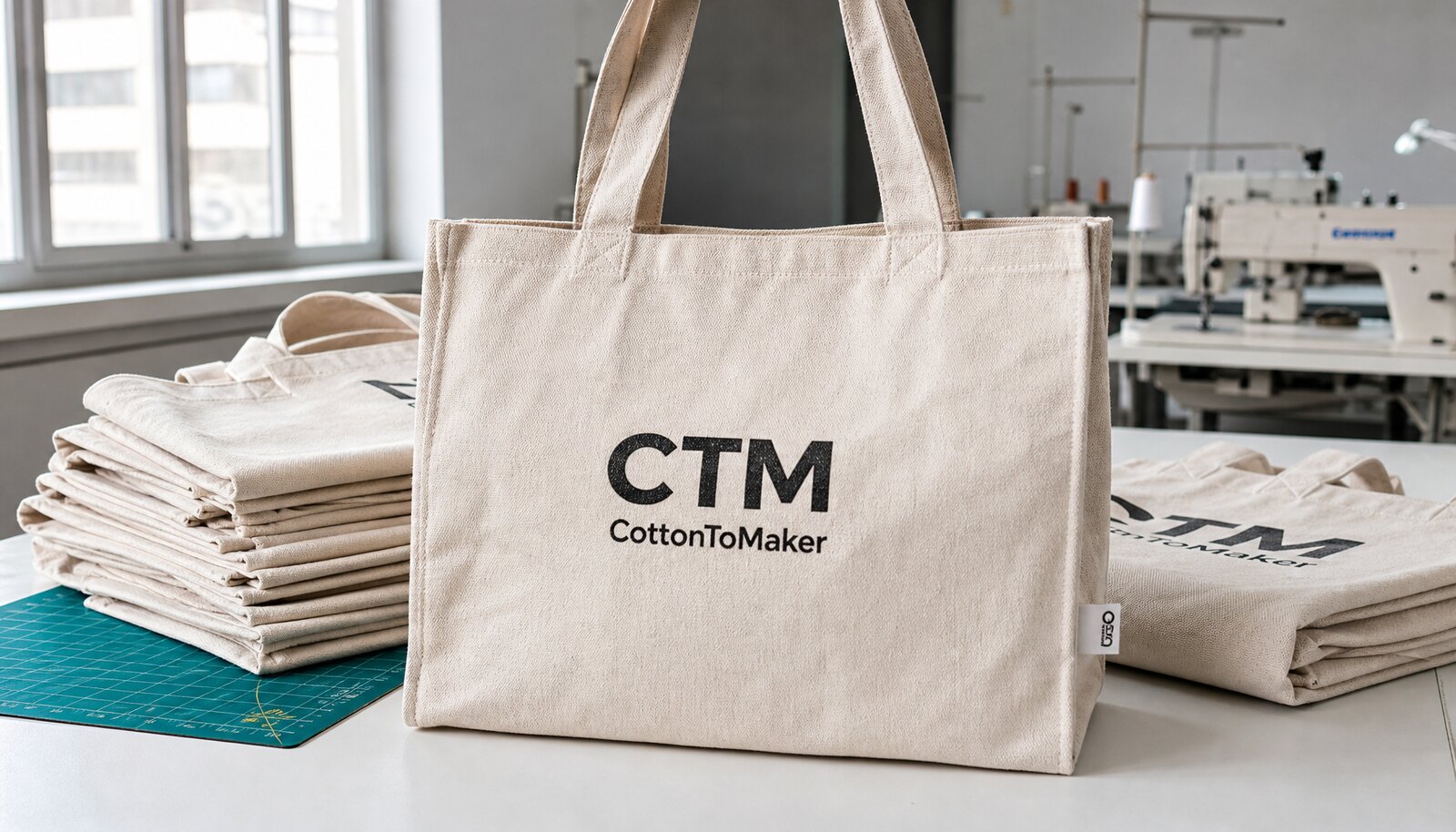 Photorealistic canvas library tote bag with a simple CTM logo in a clean factory sample room.