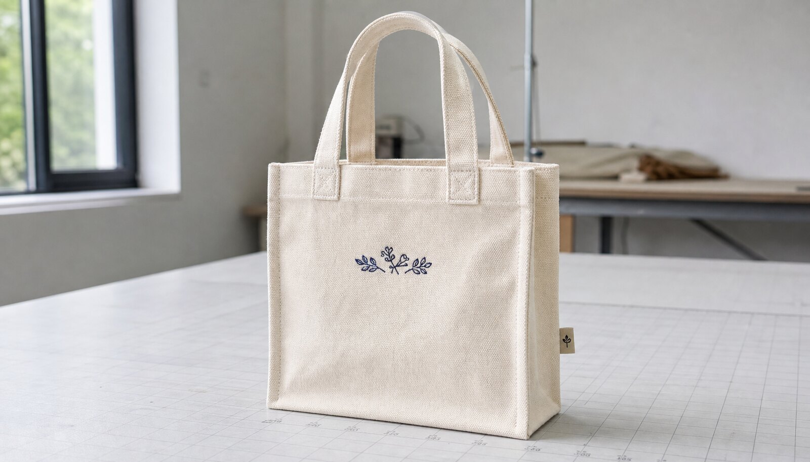 Natural canvas library tote bag with a simple branded print in a clean sample room, showing stitched handles and a flat gusset.