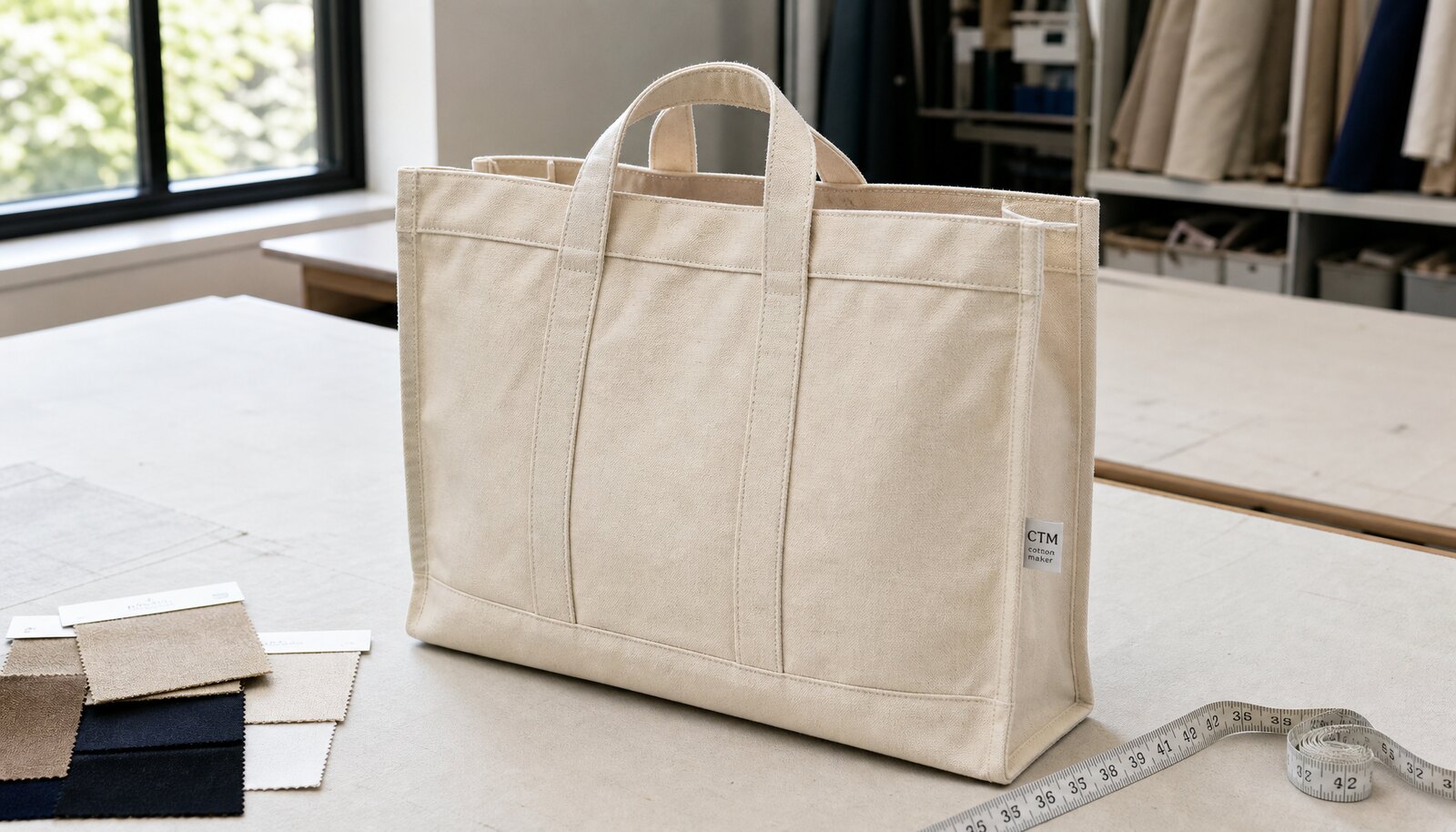Canvas library tote bag with a CTM sample label in a factory sample room
