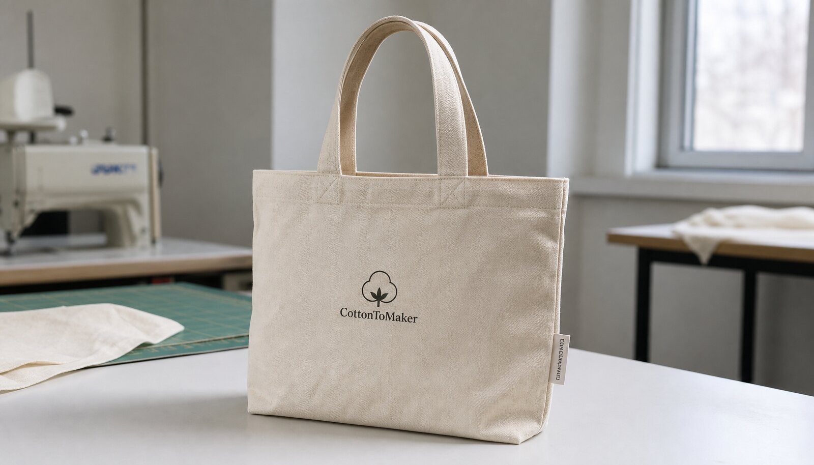 Canvas library tote bag with a simple CTM sample logo sewn on, shown in a factory sample room