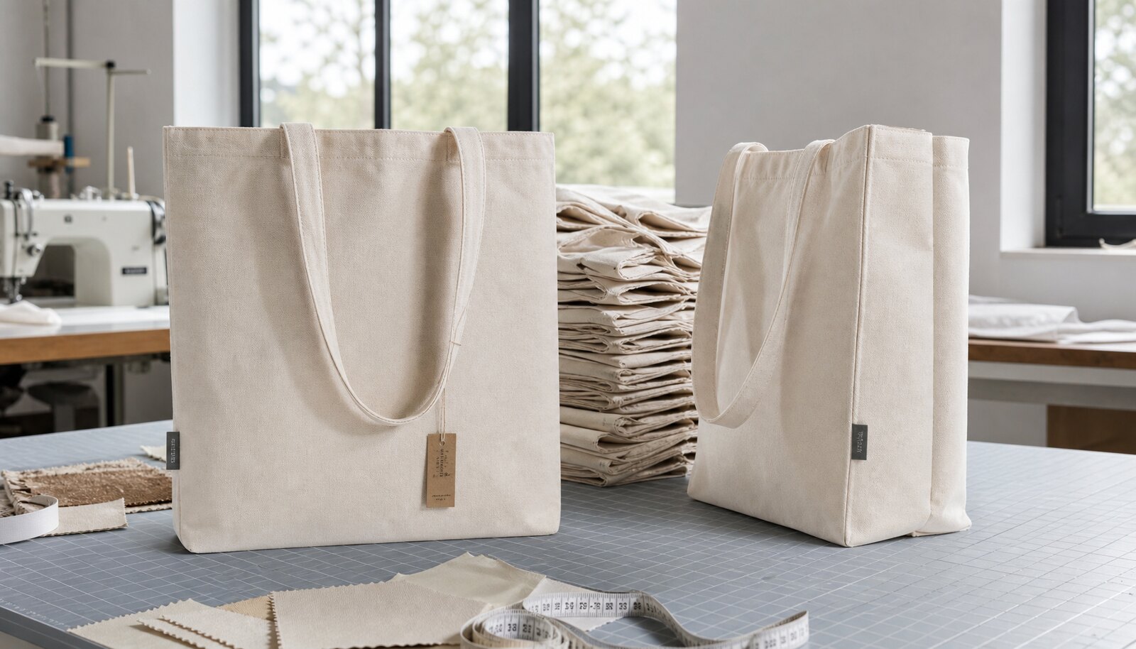 Natural canvas library tote bags with a sewn CTM side label in a factory sample room