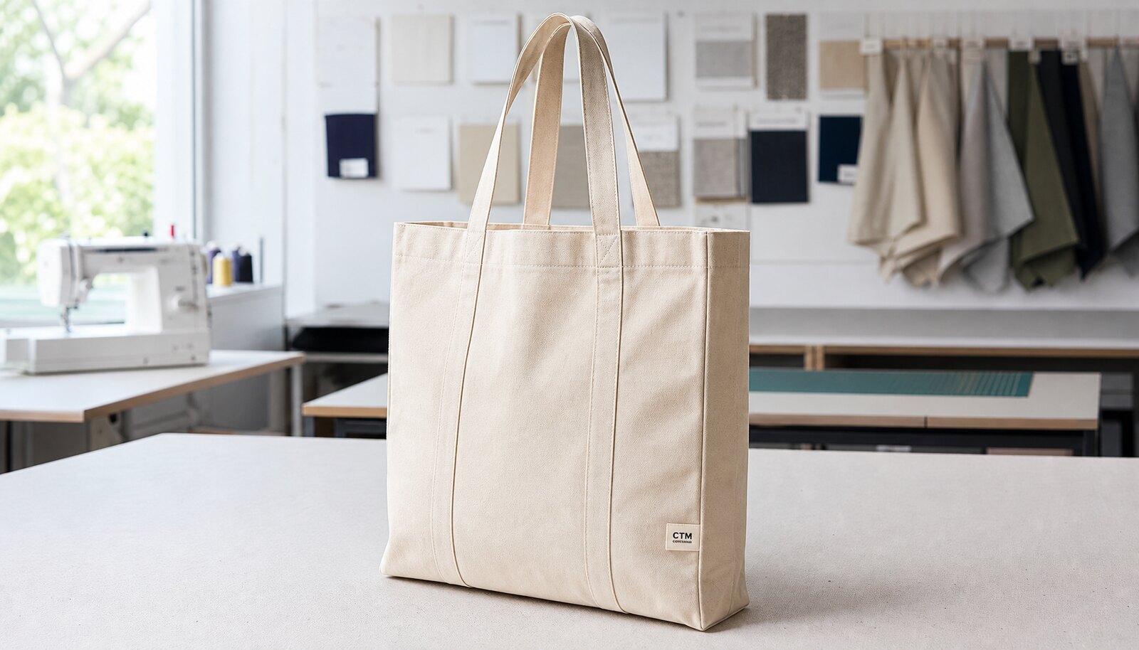 Natural canvas library tote bag with a small CTM sample logo sewn on in a clean factory sample room