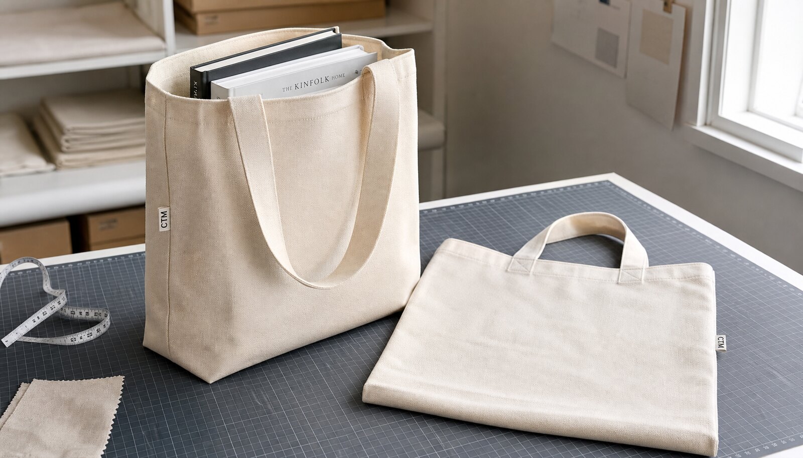 Canvas library tote bags with a CTM/CottonToMaker side label in a clean factory sample room, shown with realistic stitching and fabric texture.