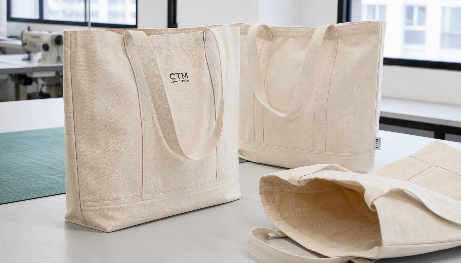 Photorealistic canvas library tote bags with a small CTM sample logo in a factory sample room