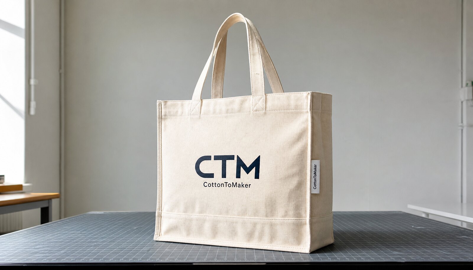 Natural canvas library tote bag with a simple CTM logo and woven side label in a clean sample room