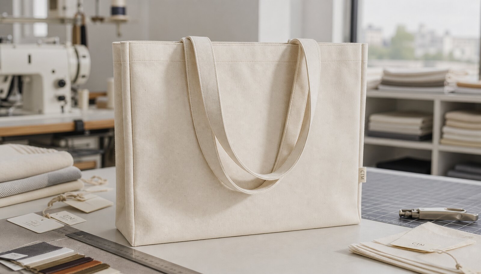 Natural canvas library tote bag with a small CTM/CottonToMaker sample logo, shown in a clean factory sample room.