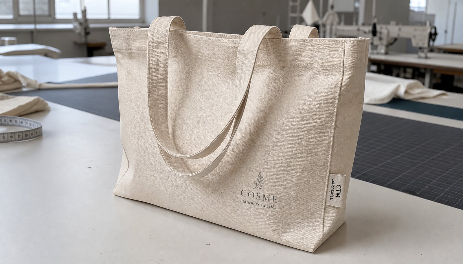 Canvas library tote bag sample with CTM/CottonToMaker side label in a factory sample room