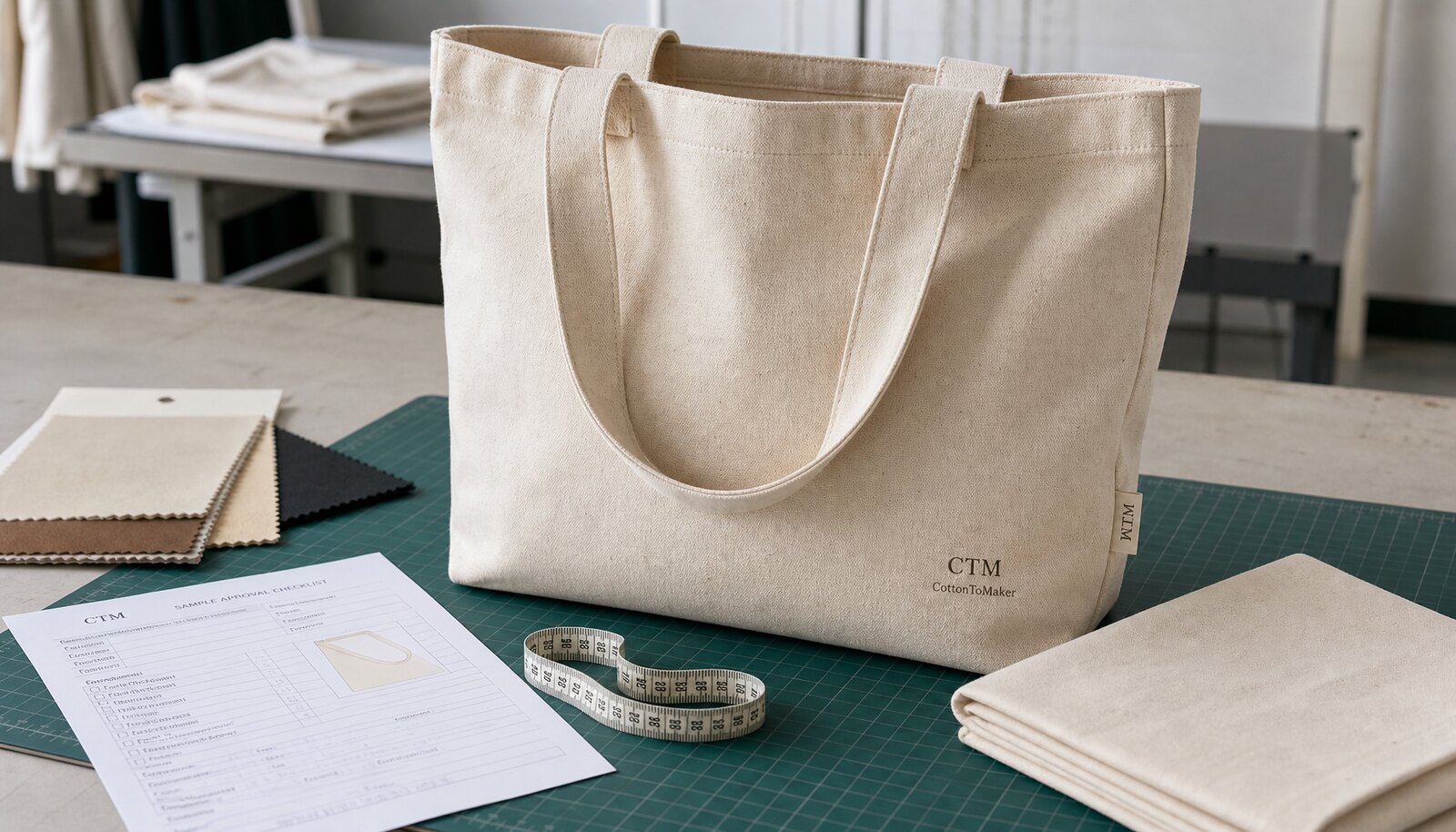 Natural canvas library tote sample for a cosmetic brand with a small logo, stitched label, and approval paperwork in a sample room
