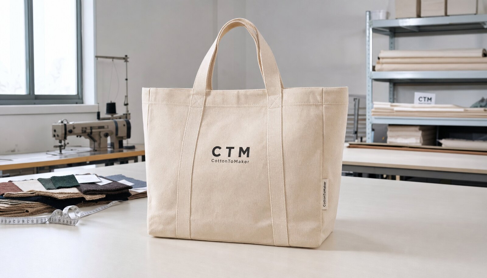 Canvas library tote bag with a simple CTM/CottonToMaker sample logo in a clean factory sample room