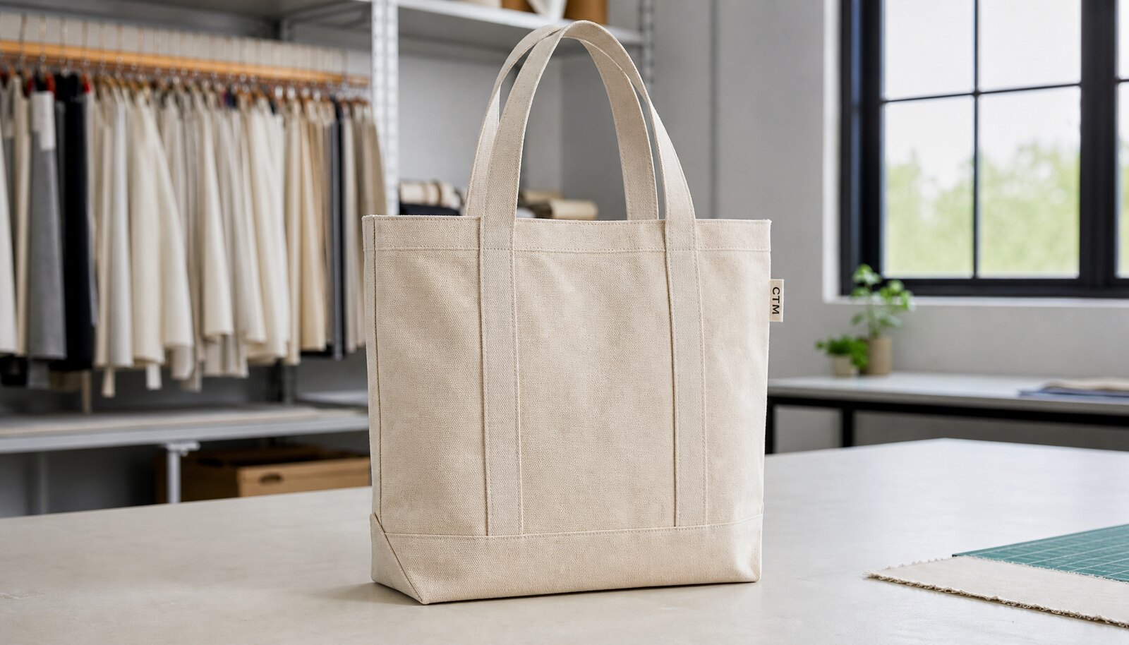 Canvas library tote bag with a small CottonToMaker sample label in a factory sample room