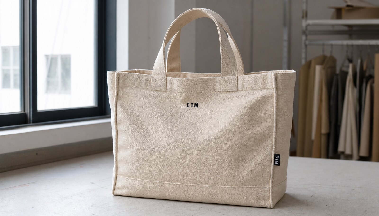 Natural canvas library tote bag with a small CTM logo, shown in a clean sample room with sewn side label and realistic stitching.