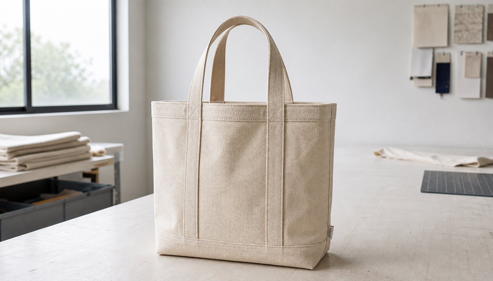 Natural canvas library tote bag with a CTM sample logo in a factory sample room.