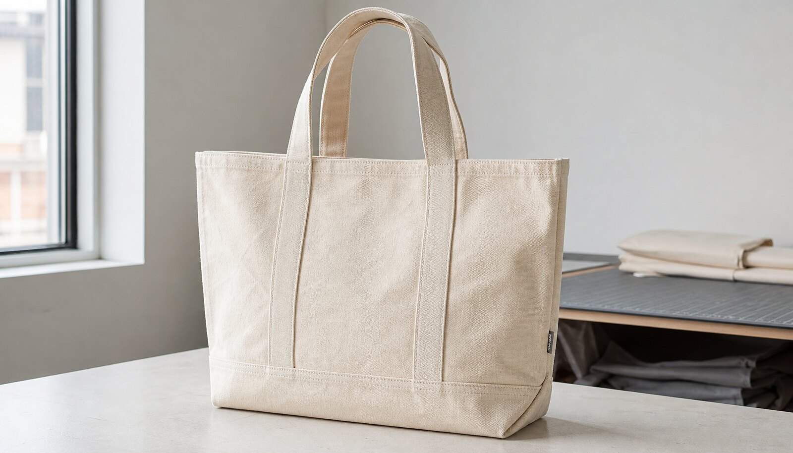 Natural canvas library tote bag with a sewn CTM side label shown in a clean factory sample room
