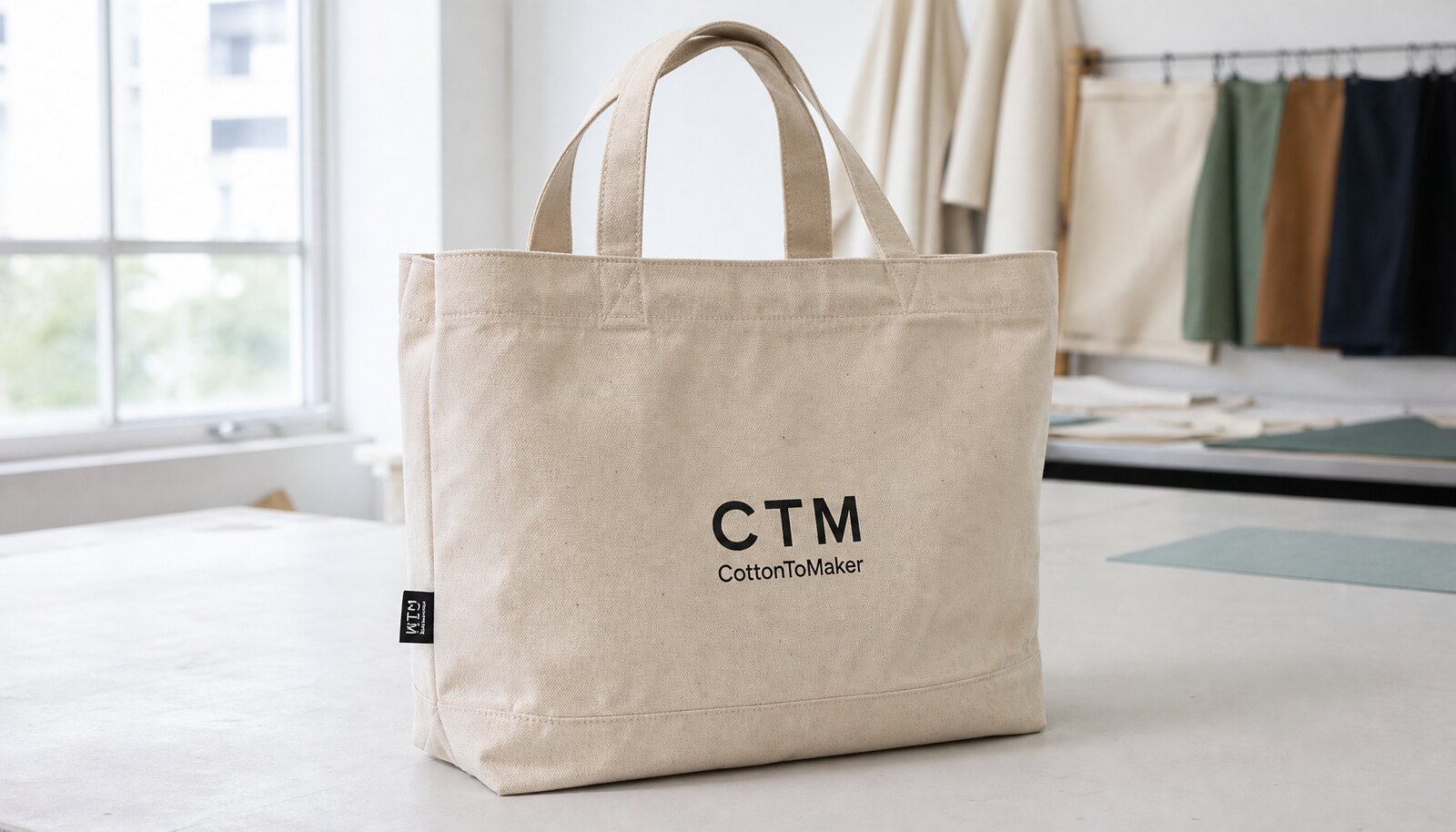 Natural canvas library tote bag with a simple CTM/CottonToMaker sample logo printed on the front and a woven side label in a clean sample room.
