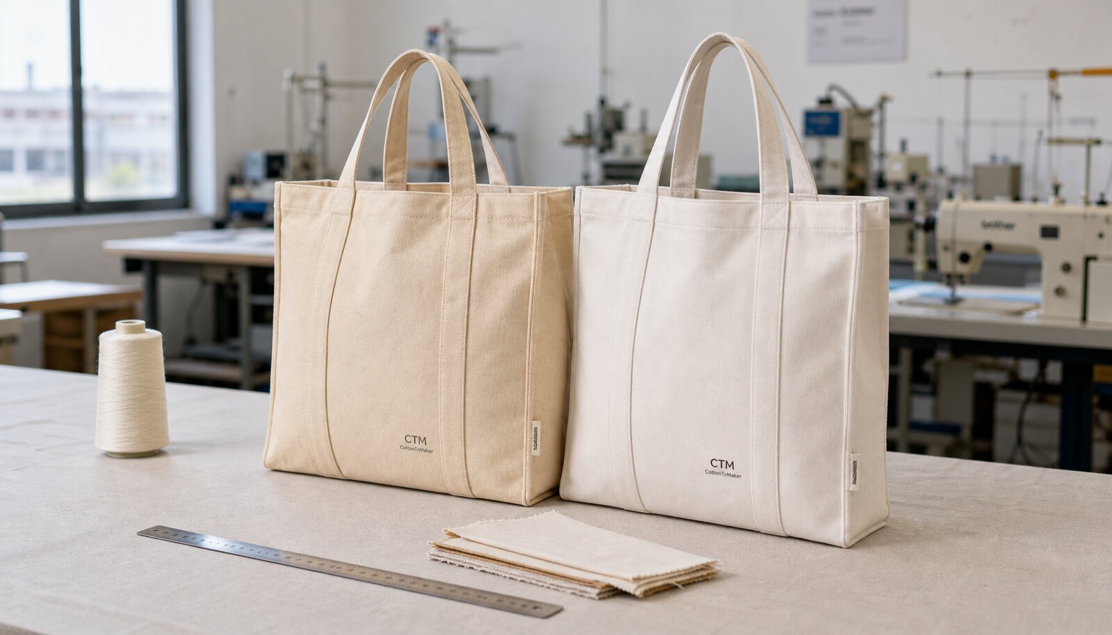 Canvas library tote bags with a small CTM/CottonToMaker logo in a factory sample room