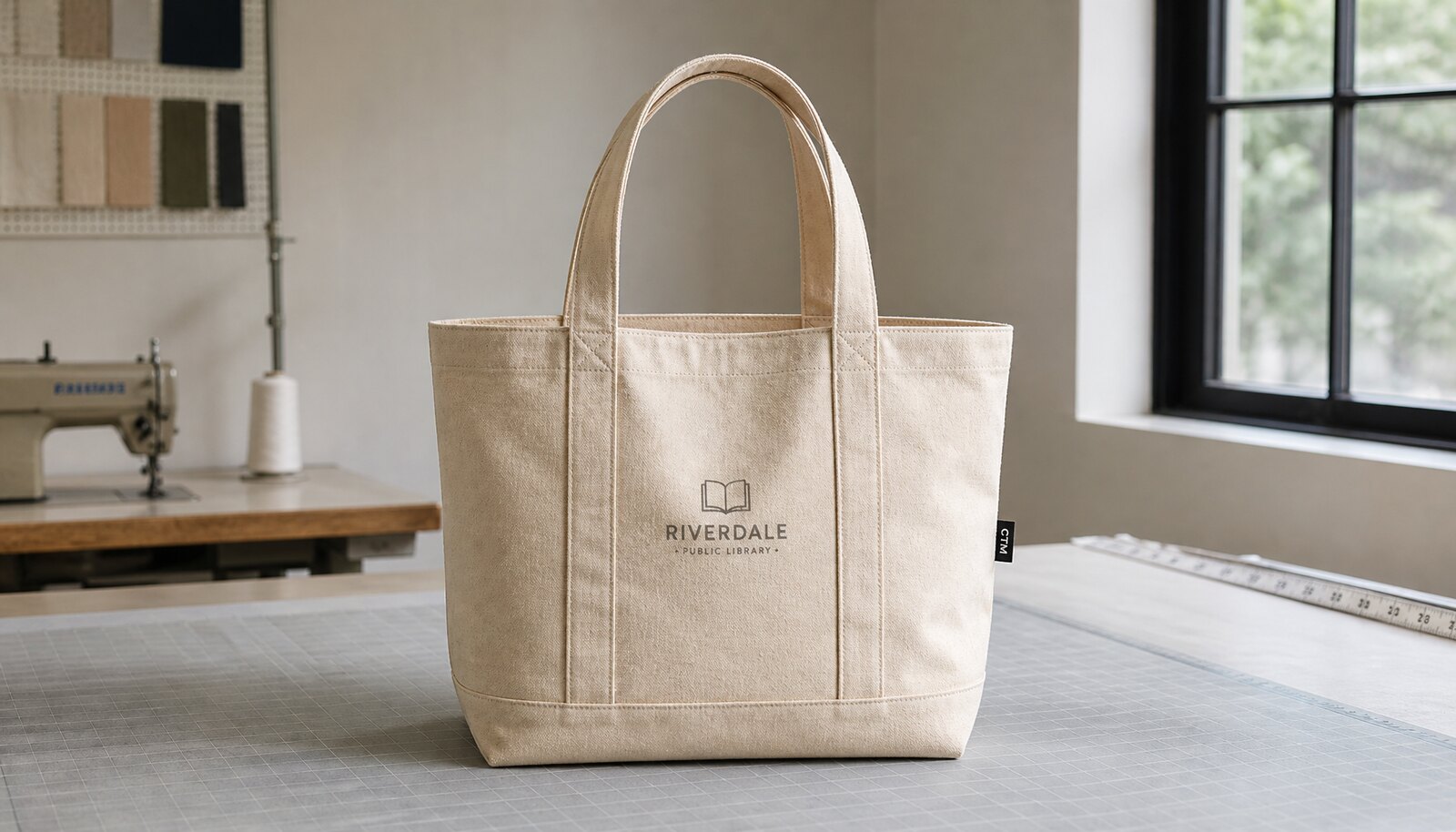 Natural canvas library tote bag in a factory sample room with a small CTM woven side label and printed sample logo