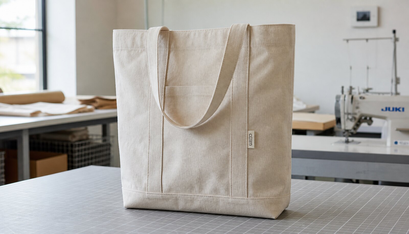 Photorealistic canvas library tote bag with a simple CTM/CottonToMaker logo in a clean sample room.