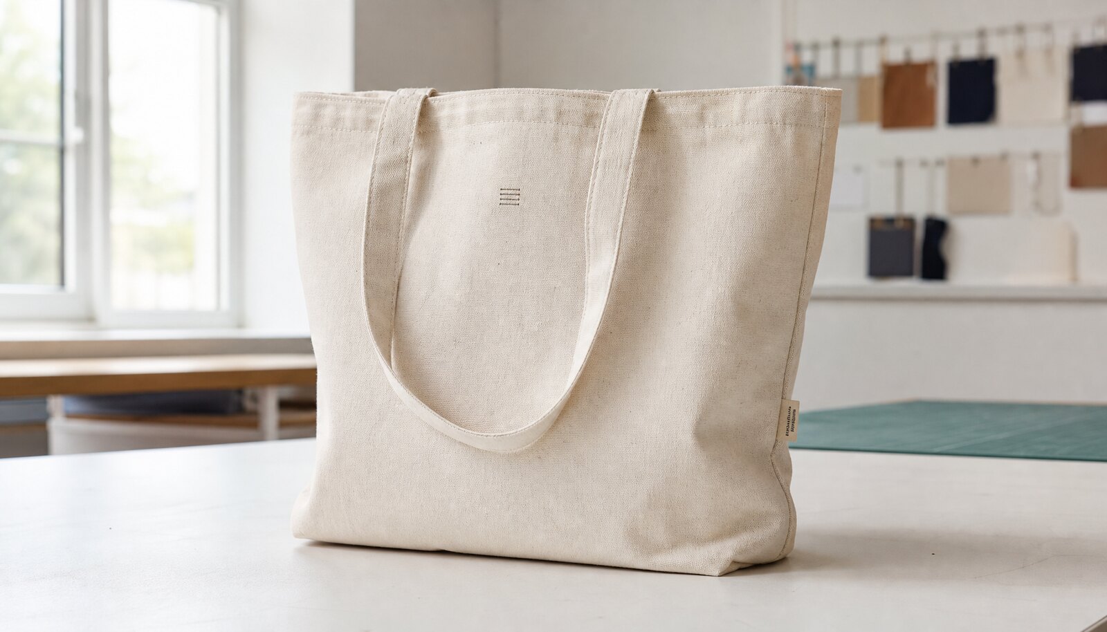 Natural cotton canvas library tote bag with a simple CTM logo sewn on in a clean factory sample room