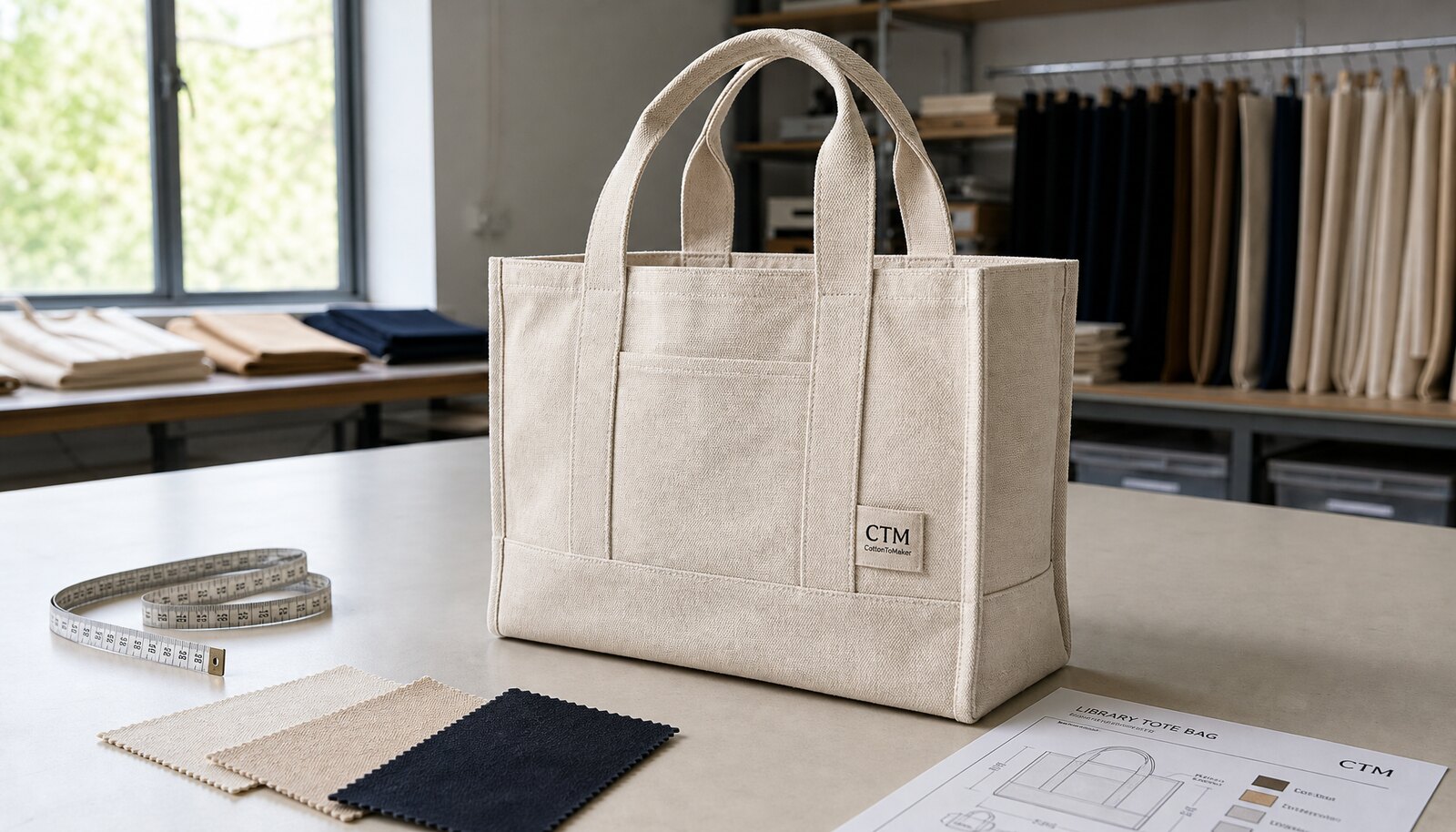 Photorealistic canvas library tote bag for hotels with a CTM side label in a factory sample room