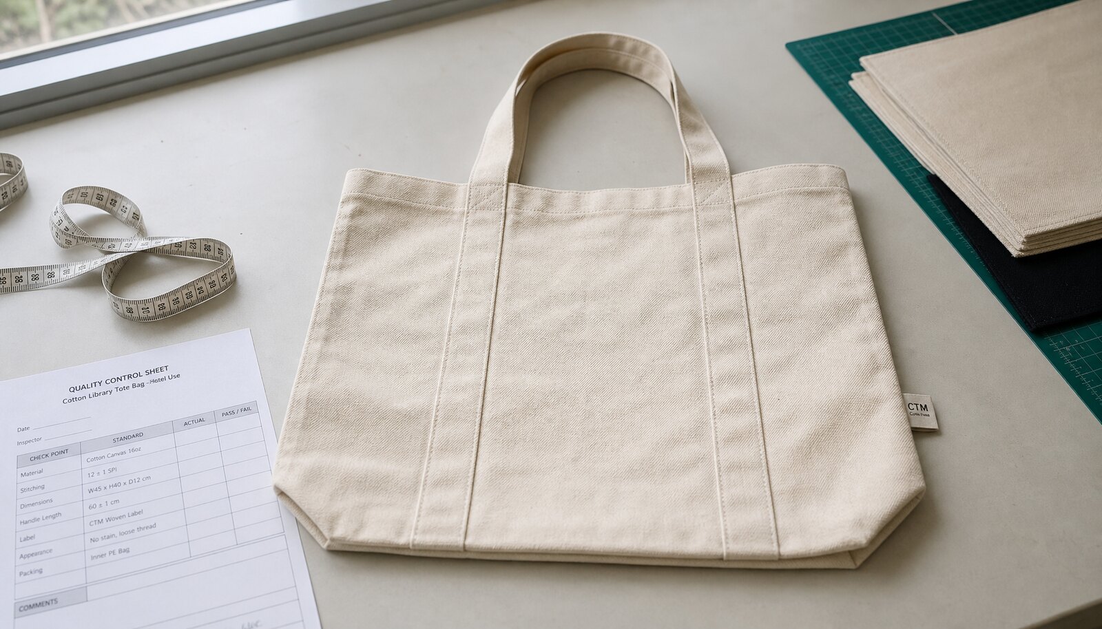 Natural canvas library tote bag with a sewn CTM CottonToMaker side label in a factory sample room