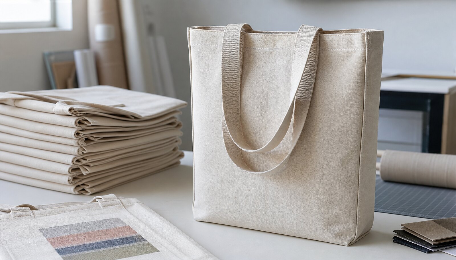 Natural canvas tote bag displayed in a clean factory sample room