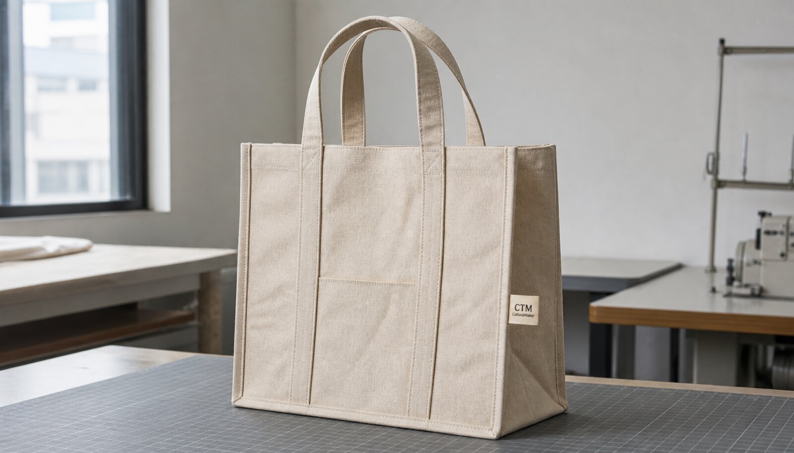 Photorealistic canvas library tote bag with a stitched CTM / CottonToMaker sample label in a clean factory sample room