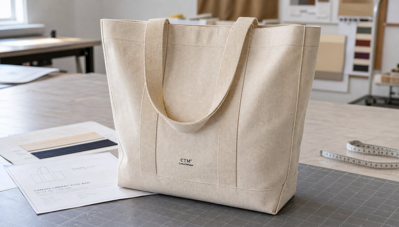 Photorealistic beige canvas museum tote bag with a simple CTM CottonToMaker sample logo in a factory sample room