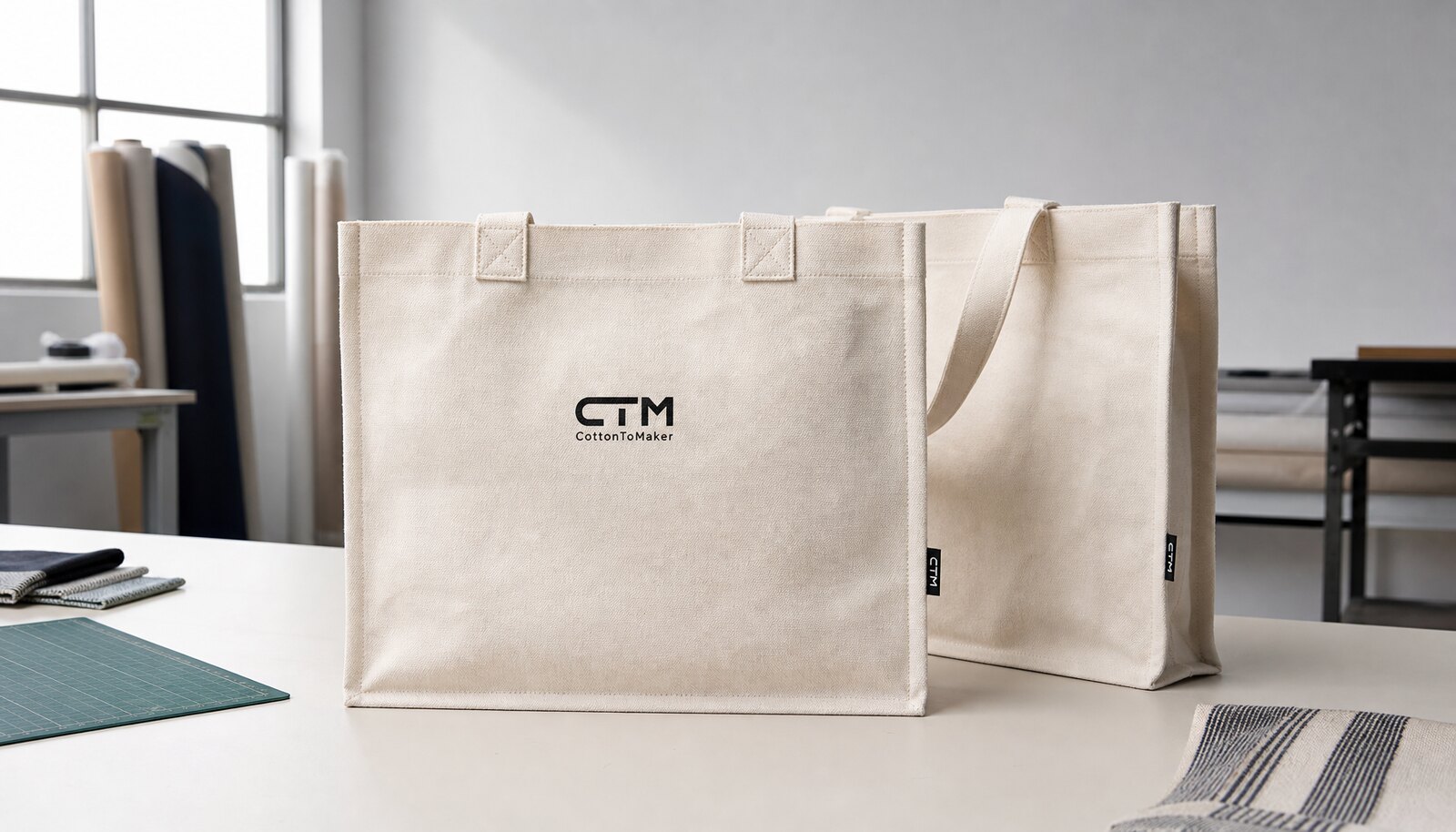 Natural canvas museum tote bag with a simple CTM logo print and woven side label in a clean sample room