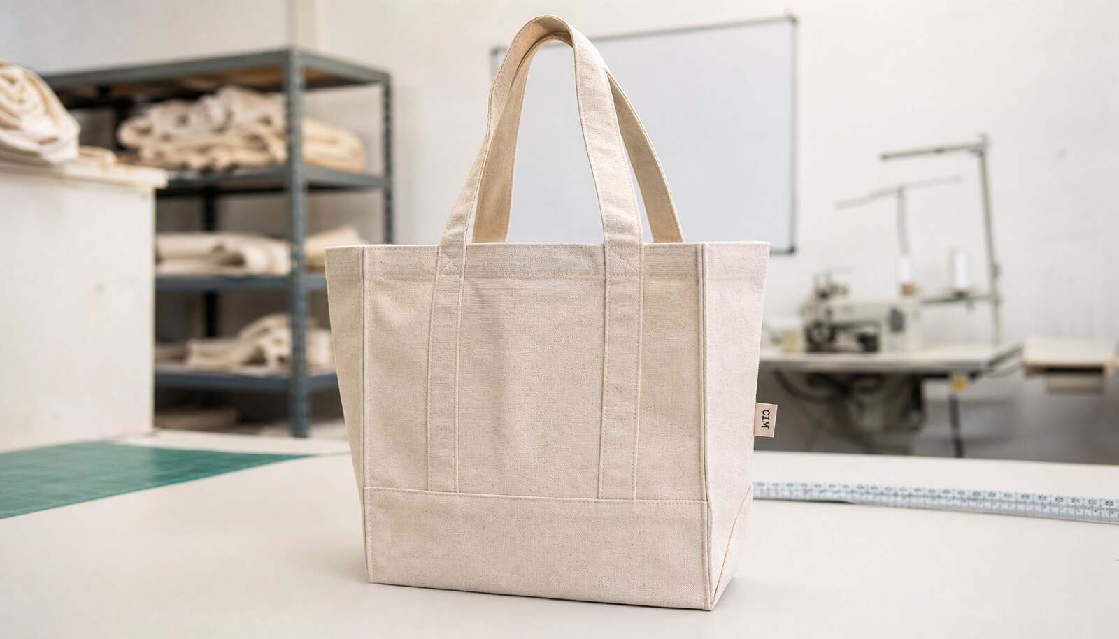 Natural canvas museum tote bag with a small CTM CottonToMaker side label in a factory sample room