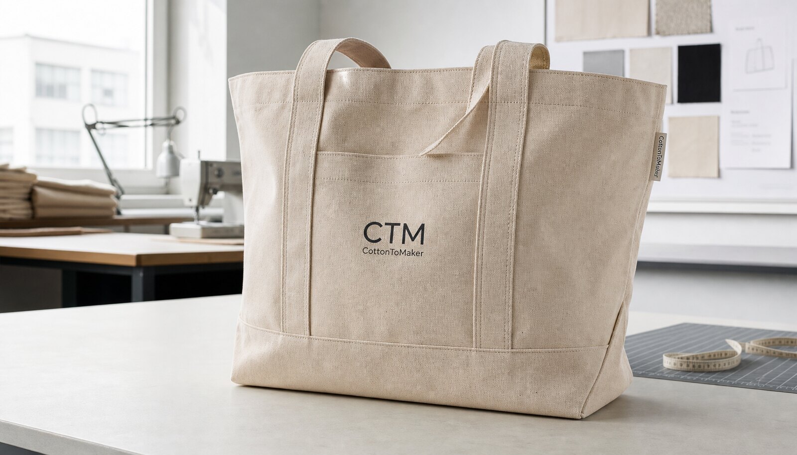 Natural canvas library tote bag with a CTM/CottonToMaker logo in a factory sample room