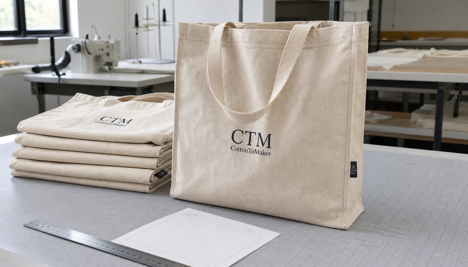 Natural canvas library tote bag with a small CTM CottonToMaker logo printed directly on the front, shown in a clean factory sample room.