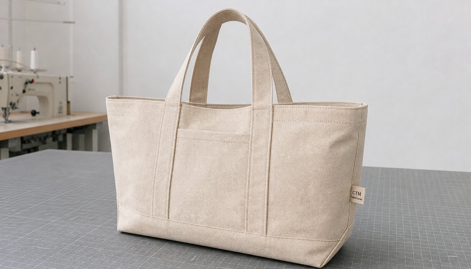 Photorealistic canvas library tote bag sample with a small CTM CottonToMaker label in a clean studio