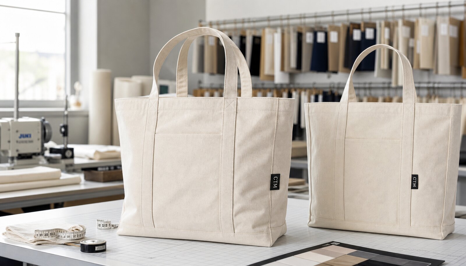 Canvas library tote bag for schools with a simple CTM CottonToMaker sample logo in a factory sample room