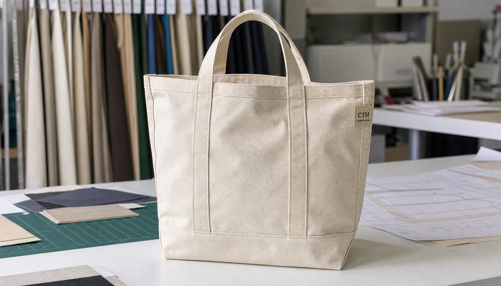 Photorealistic canvas library tote bag with a CottonToMaker sample logo on a side label in a clean factory sample room