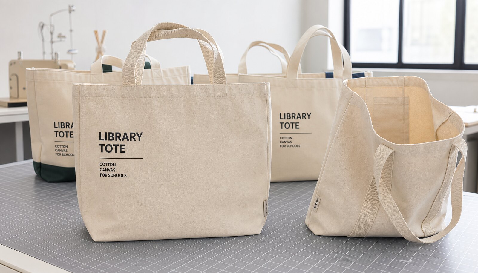 Natural canvas library tote bags for schools with a stitched sample label in a factory sample room