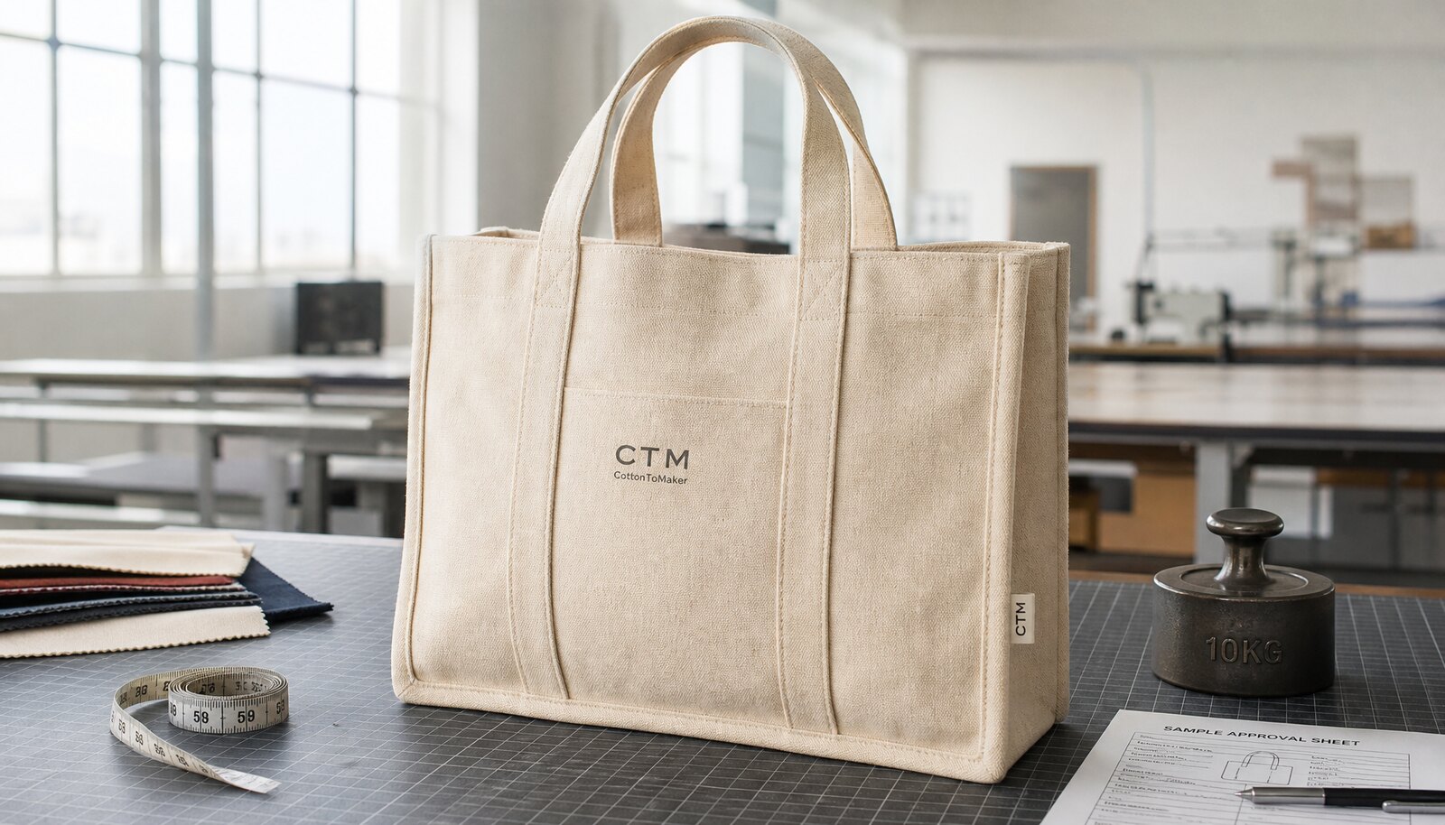 Natural canvas library tote bag with a simple CTM logo on a clean sample-room table