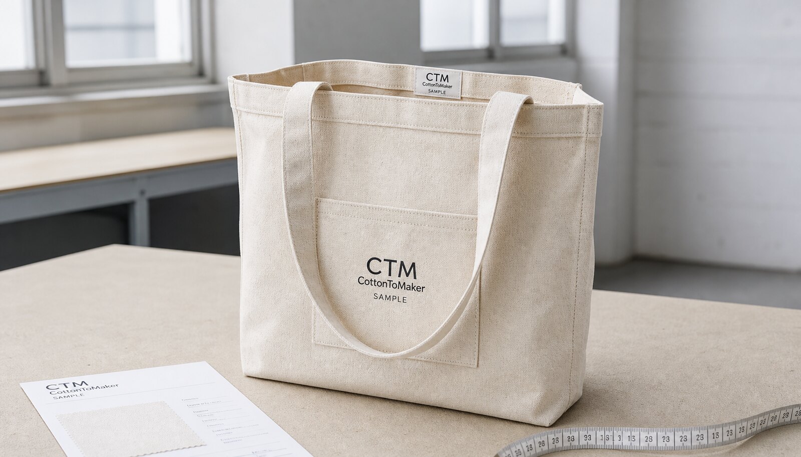 Natural canvas library tote bag with a CTM/CottonToMaker sample logo shown in a factory sample room