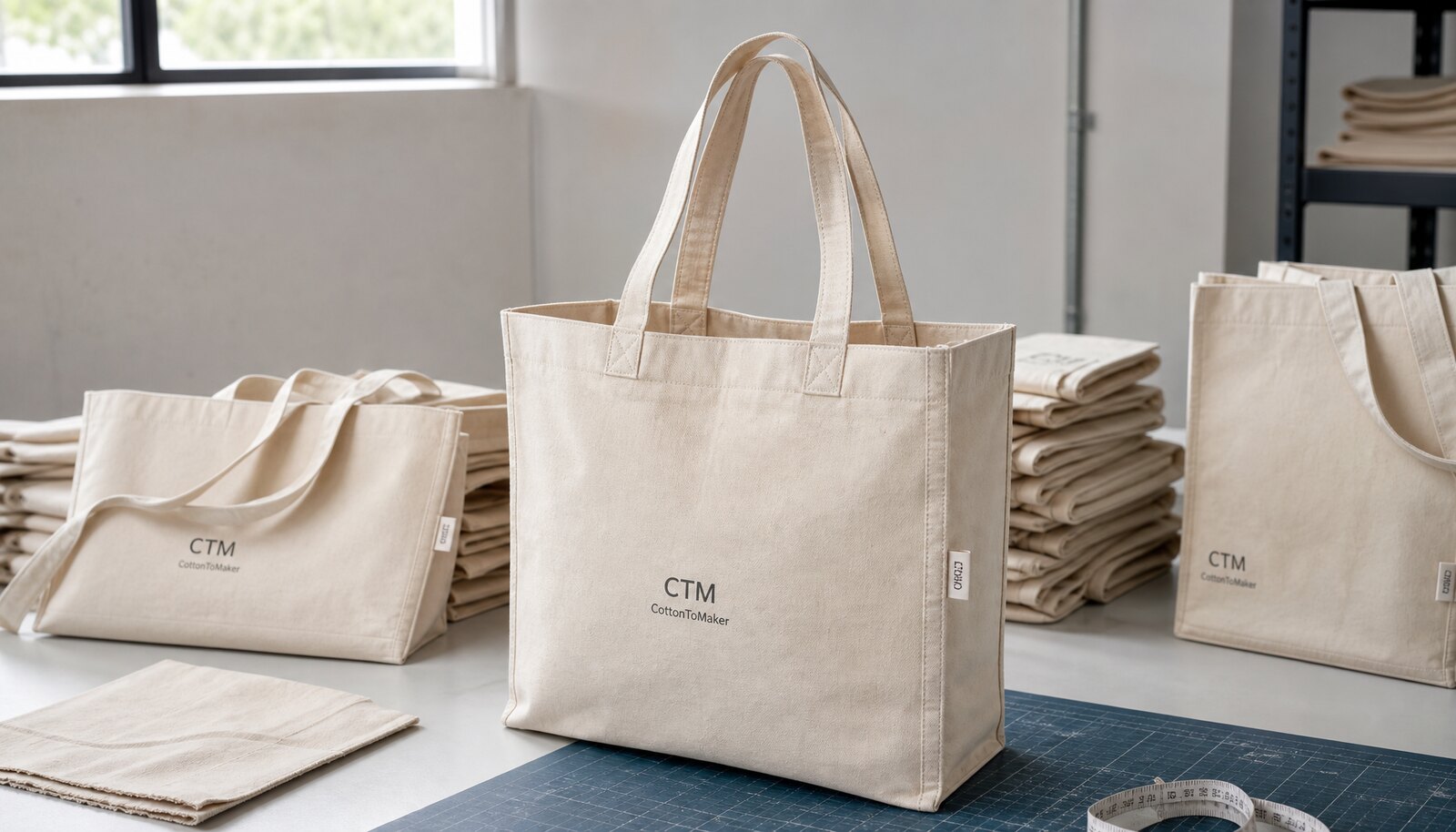 Photorealistic cotton canvas library tote bag sample with a simple CTM logo printed on the front in a clean factory sample room