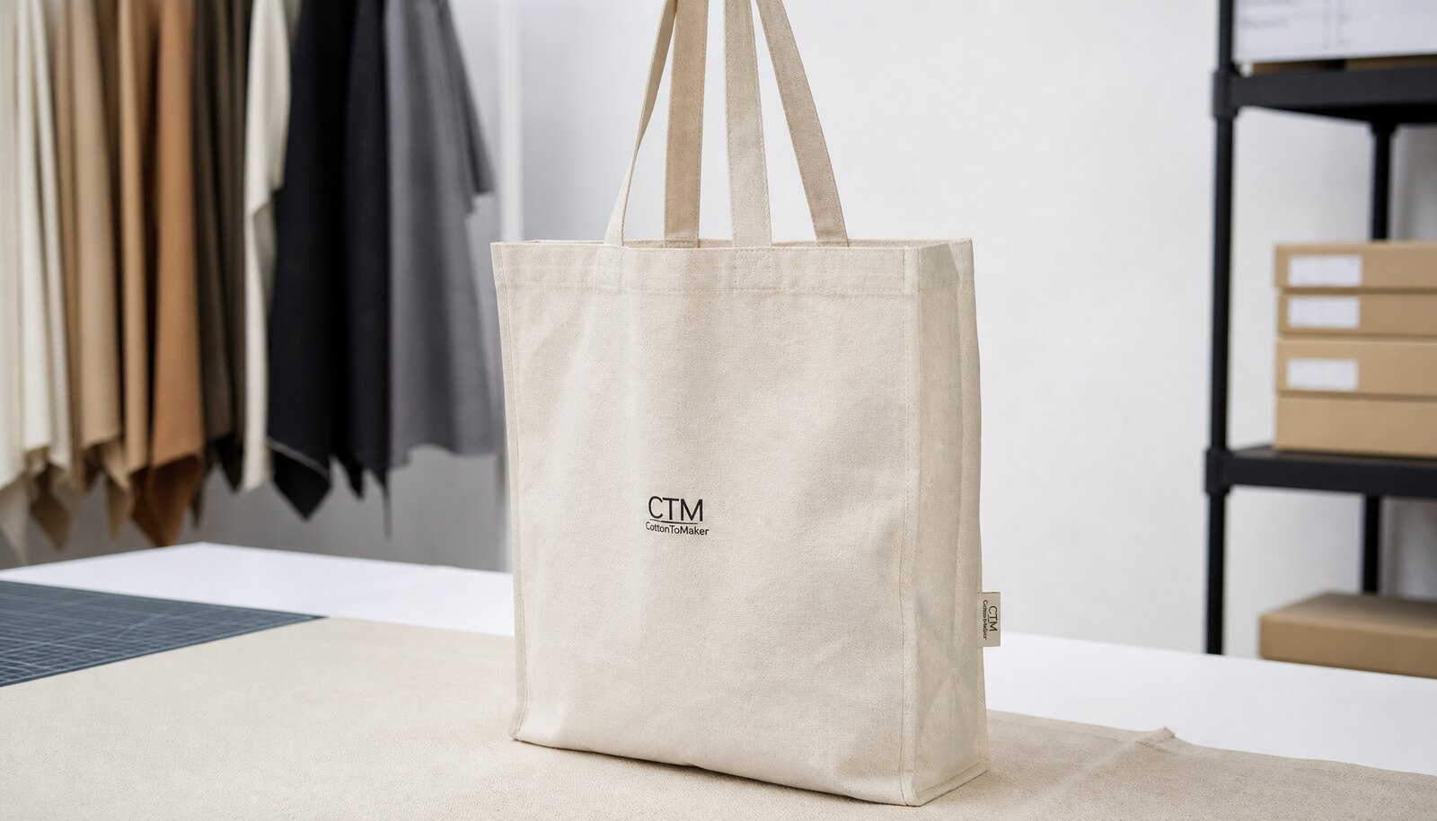 Natural canvas library tote with a CTM/CottonToMaker sample logo in a factory sample room.