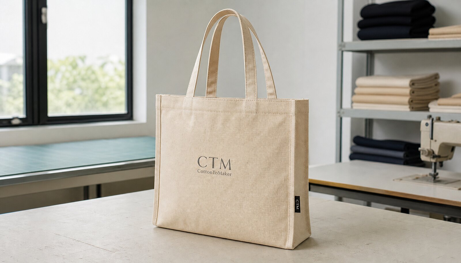 Natural canvas library tote bag with a simple CTM CottonToMaker logo printed on the front panel in a clean sample room
