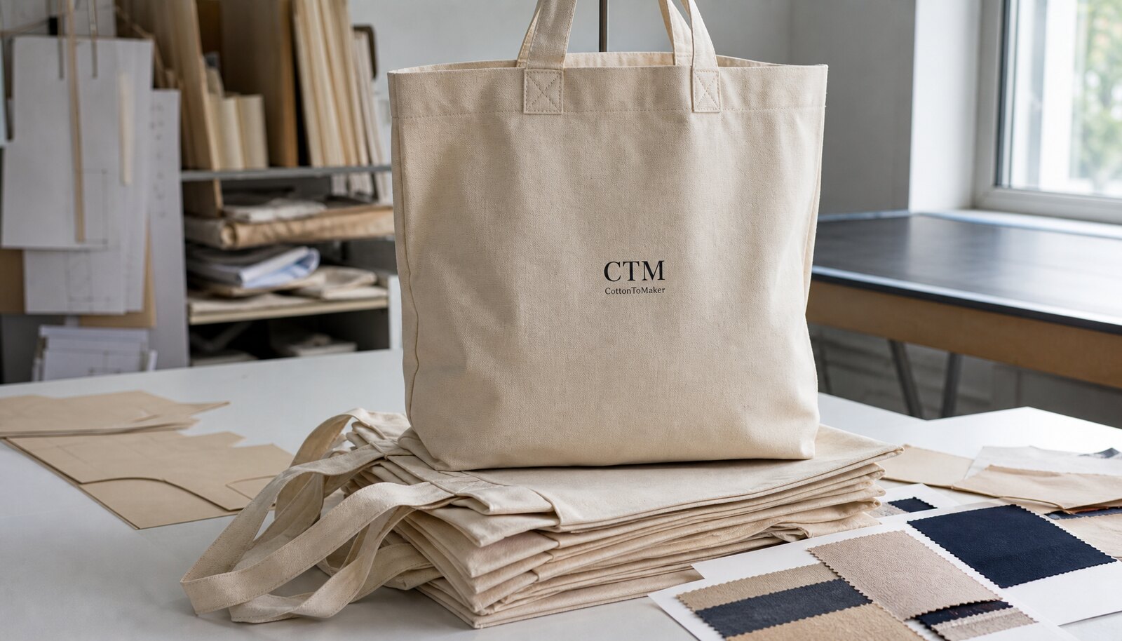 Natural canvas library tote bag with a CTM sample logo shown in a factory sample room
